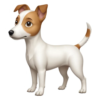 a full body white jack russel looking dog the size of a kelpie with light brown ears and a light brown patch on one eye, flopped down ears and a large snout sticker