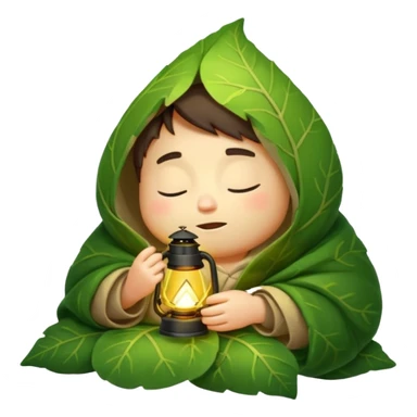 sleepy forest character wrapped in leaf blanket holding glowing lantern half asleep sticker