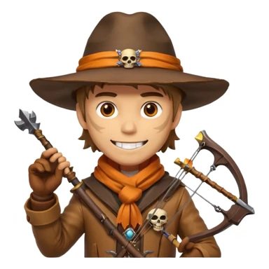 male human monster hunter emoji, wearing brown leather coat and wide hat, holding crossbow or rifle, with amulet shaped like skull, Halloween fantasy theme, confident smile, orange scarf, Apple emoji style, clean white background, square image sticker