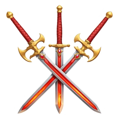 Two crossed swords that are golden in blade and handle and have fiery and royal appearence to them as well as red gem stones sticker
