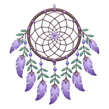 Lavender lilac pastel purple dreamcatcher-suncatcher with lavender flowers and lilac flowers attached, blue beads, and white beads, green leaves sticker