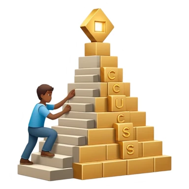 represents the habit formation process with a person stacking bricks to build a staircase, a signpost labeled "Cue → Action → Reward", and a glowing golden door at the top symbolizing success and transformation. Let me know if you need any tweaks! 🚀 sticker