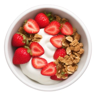 Top view of a yogurt bowl with strawberries and granola sticker