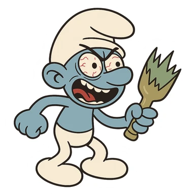 a smurf with a crazed look, holding a broken bottle, cartoon style sticker