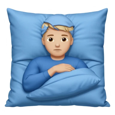 A young muscular male with short dark-blonde hair, medium-light skin, and a neutral expression, dressed in blue cloth. He lies on his side, arms around a soft white pillow, with his head on a smooth blue pillow. A flowing blue blanket covers him in silky folds. sticker