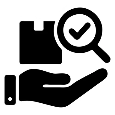 icon of a hand holding a product with a magnifying glass and a checkmark sticker