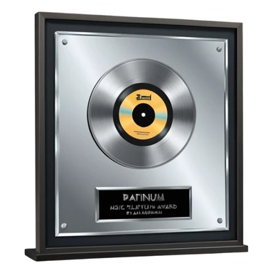 A platinum music award plaque: a square, polished platinum plate with a subtly textured, mirror-like finish, mounted on a simple dark metal base. The center features a relief of a or stylized vinyl record in a slightly darker metallic tone.  sticker