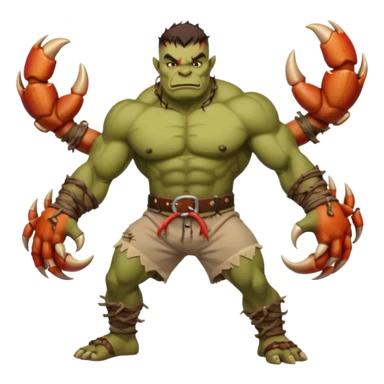 orc male flexing with giant crab. Torn net shorts, claw trophy belt sticker