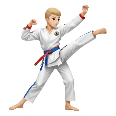 teenager performing a high kick in a white Tae Kwon Do uniform with a colored belt sticker