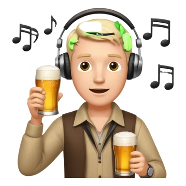 a white male radio presenter wearing headphones, speaking into a microphone, with a beer in his hand and musical notes around him sticker
