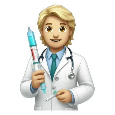 A doctor in a white coat and a syringe sticker