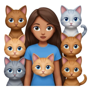 a pretty bratz dusky girl with long brown hair, blue eyes with six cats nd wearing a grey tshirt sticker