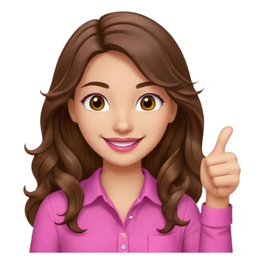 girl with long wavy brown hair, brown eyes, light to medium complexion, in a pink shirt, pink lips, long lashes, thumbs up sticker