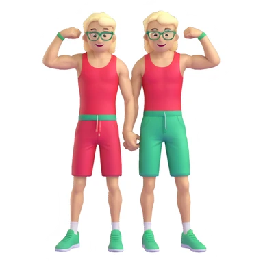 Scrawny thin man with black and white cap, skinny bare torso, red shorts, clear glasses, messy light blond mullet hairstyle, smiling and flexing small muscles sticker