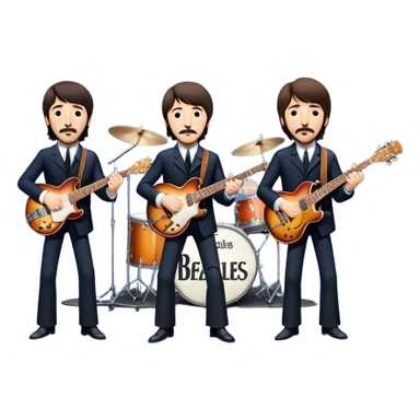 Rock music icon: The Beatles performing live on stage. John Lennon with guitar, Paul McCartney with bass, George Harrison with guitar, Ringo Starr on drums. Bright lights, energetic performance. Transparent background. sticker