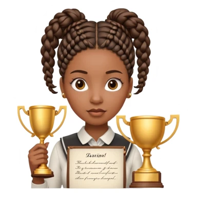 generate an emoji for this phrase, Start strong to earn trust and be noticed. End strong to be remembered. make it a black woman in braids updo looking determined with a white script in hand and a trophy sticker