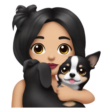 Thick medium black hair with black eyes and pink lip and pink cheek Filipino lady hugging black and white Chihuahua  sticker