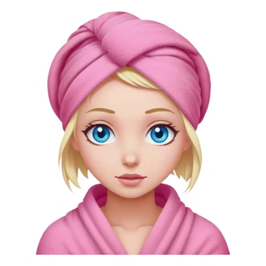 A cinematic realistic girl with blue eyes, with her hair wrapped in a pink towel sticker
