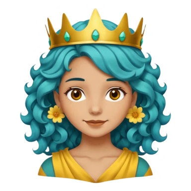 A woman with wavy teal-blue hair styled in loose curls. Her hair is adorned with large golden-yellow flower petals that resemble a crown. She has soft brown eyes, smooth skin, and a small friendly smile on her face. sticker