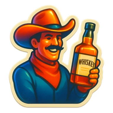 A sticker of a cowboy with a bottle of whiskey sticker