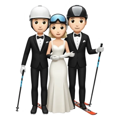a recently marries couple skiing, ski helmet on in wedding dress and tux sticker