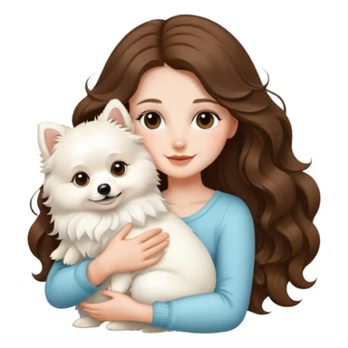 White female with long wavy brunette hair hugging cute white pomeranian sticker