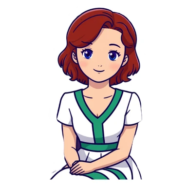 Девушка рыжая с голубыми глазами в платье белом с вырезов v образным и с несколькими хаотичными полосами зеленого и фиолетового цвета на нем сидим в салоне темно коричневом немного улыбается sticker