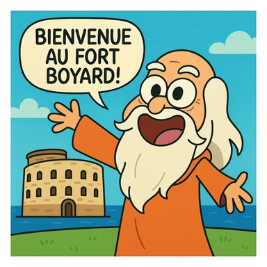 Père fouras  de fort boyard qui cri bienvenue au fort boyard // style enfantin dessin animé cartoons américain style gumball sticker