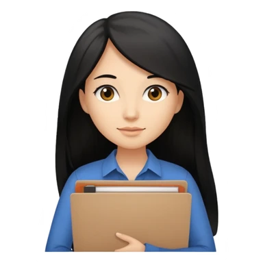 a light tan woman with long black hair past mid-back, round brown eyes and manila folder in her hands sticker