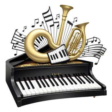 Create an elegant and festive emoji collage representing keyboard instruments, styled like a heraldic emblem. The design should feature a central focal point of black and white piano keys, arranged in a semi-circular or shield-like shape. Around the piano keys, add intertwining musical notes that form flowing ribbons, creating a dynamic and celebratory atmosphere. The design should be professional, with polished silver and gold accents on the keys and notes, highlighting the luxury and sophistication of the instruments. Add subtle shading and lighting effects to give the design a refined, 3D appearance. The background should remain transparent, and the overall feel should evoke grandeur, artistry, and a sense of celebration. sticker
