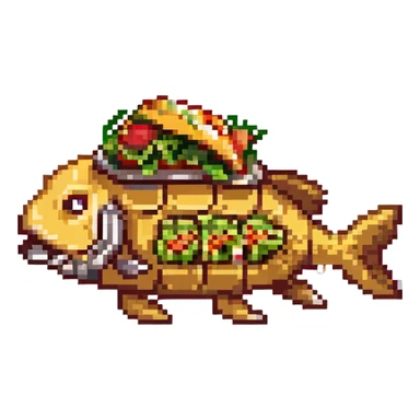 a cyborg robotic carp who's body is made from a filled crunchy taco, with lettuce salsa meat and cheese. he is fish taco bot man sticker