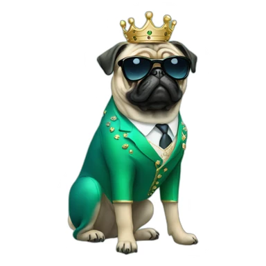 dog pug-in-gradient-green-blue-suit-with-and-black-sunglasses-standing-with-black-shoes with crown sticker