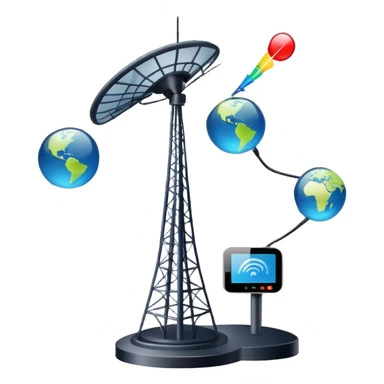 An icon featuring a satellite dish, a cell tower emitting signals, and a smartphone displaying a chat interface. The design includes fiber-optic cables and data waves, symbolizing global communication, connectivity, and information exchange. Transparent background. sticker