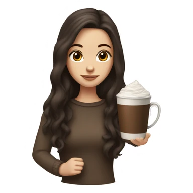 white girl with dark brown long hair, dark brown eyes, and a hot chocolate sticker