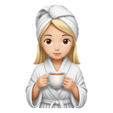 girl hair wrapped in towel wearing robe holding tea sticker