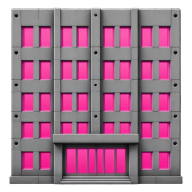 brutalist gray concrete block building with two neon pink windows and many normal windows sticker