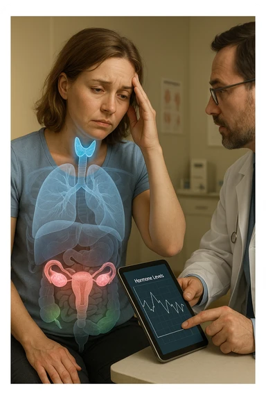 Realistic, vertical medical scene: a woman sits in a doctor’s office, looking fatigued and concerned. A semi-transparent overlay shows her internal organs, with the thyroid, ovaries, and adrenal glands glowing or pulsing in different colors to indicate hormonal imbalance. The doctor points to a digital tablet displaying fluctuating hormone levels. The mood is informative and empathetic. sticker