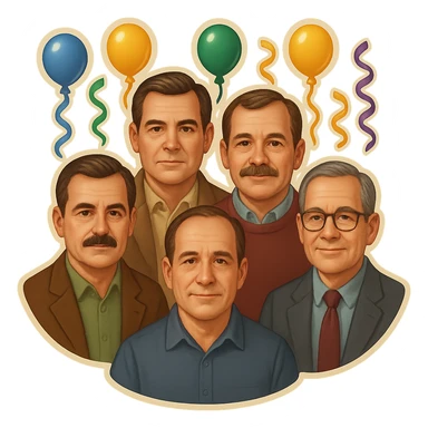 Make the six cats look more like men in their forties, with subtle masculine facial features, mature expressions, and hints of age, while keeping the festive birthday party emoji style. Preserve the transparent background. sticker
