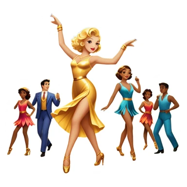 Vintage movie poster-style icon for a musical film. The cityscape glows in the background, evoking the golden era of musicals. A vibrant street scene with bright lights, dancers mid-step, a singer with a microphone among the skyscrapers. Transparent background. sticker