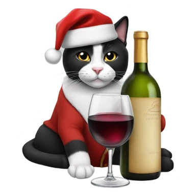 tuxedo cat drinking a glass of wine with a santa hat sticker