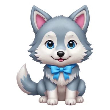 an animated gif-style sticker emote of a wolf puppy in a play-bow wagging its tail in a smooth, natural arc over its back. It has a pink bow on one ear and bright blue eyes sticker