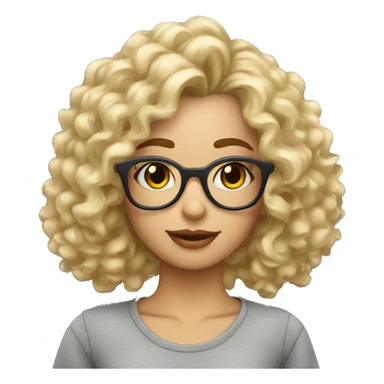 Chica rubia pelo rizado largo y con lentes, franela gris sticker