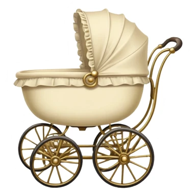 An antique baby stoller with bis wire wheels and a ruffeled bonnet sticker