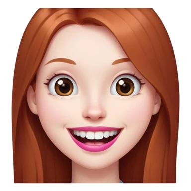 Young girl with pale skin, longer face, full pink lips smiling with big teeth, very long straight auburn hair (lighter ginger, not bright red), big brown eyes, extra large nose, big mouth, slightly asymmetrical features, less conventionally pretty sticker