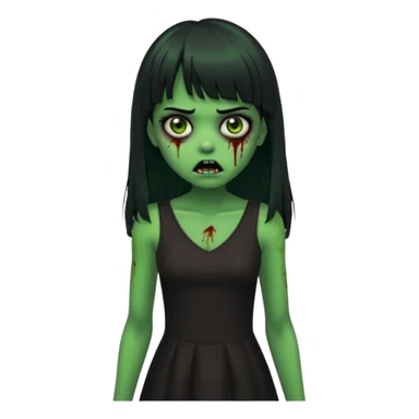 faça uma garota na forma de zumbi com a pele verde, assustada e com os olhos escurod, com o cabelo preto com franja e longo e a roupa decotada preta sticker