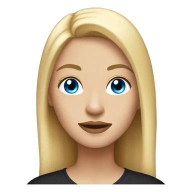 a woman with blue eyes, light skin, blonde straight hair. black shirt. sticker