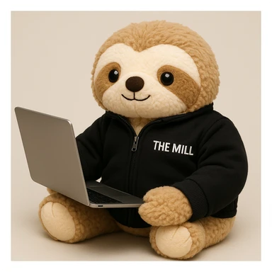 Make this sloth look like a plushy, soft and cuddly toy, inspired by the reference photo, but still wearing a black 'The Mill' jacket and looking business savvy. The style should reflect a plush toy softness and cuddliness. sticker