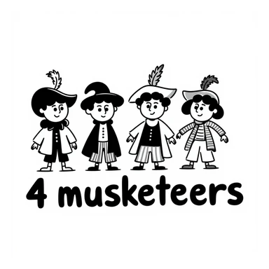 Cute cartoon of four musketeers with feathered hats and capes with the text "4 Musketeers" sticker