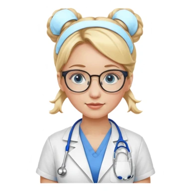 Blonde hair with two buns, blue eyes, stethoscope, and glasses sticker