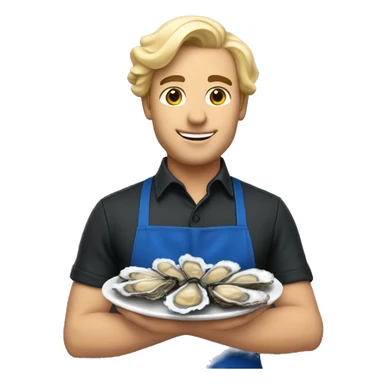 a waiter with blond hair in a blue apron holds oysters sticker